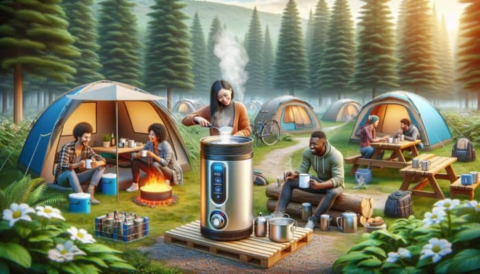 Portable Water Heaters: A compact portable water heater boils water at a scenic national park campsite, surrounded by tents, trees, and campers pouring beverages.